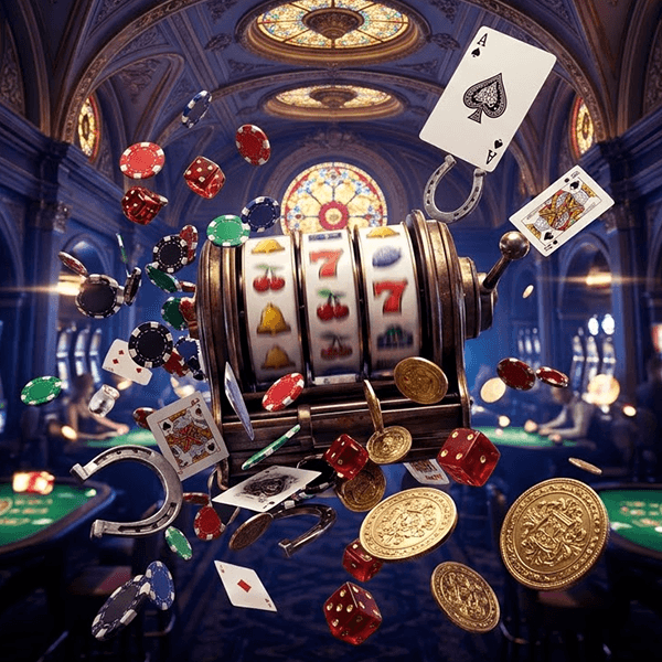 Lobby de casino de lujo con detalles dorados y máquinas tragamonedas modernas